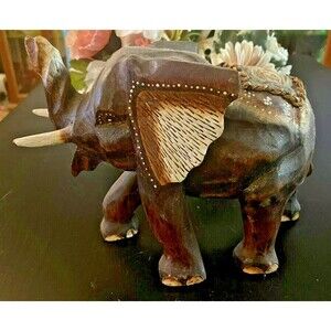 Large Wooden Elephant carved Indonesia trunk up 9X 11